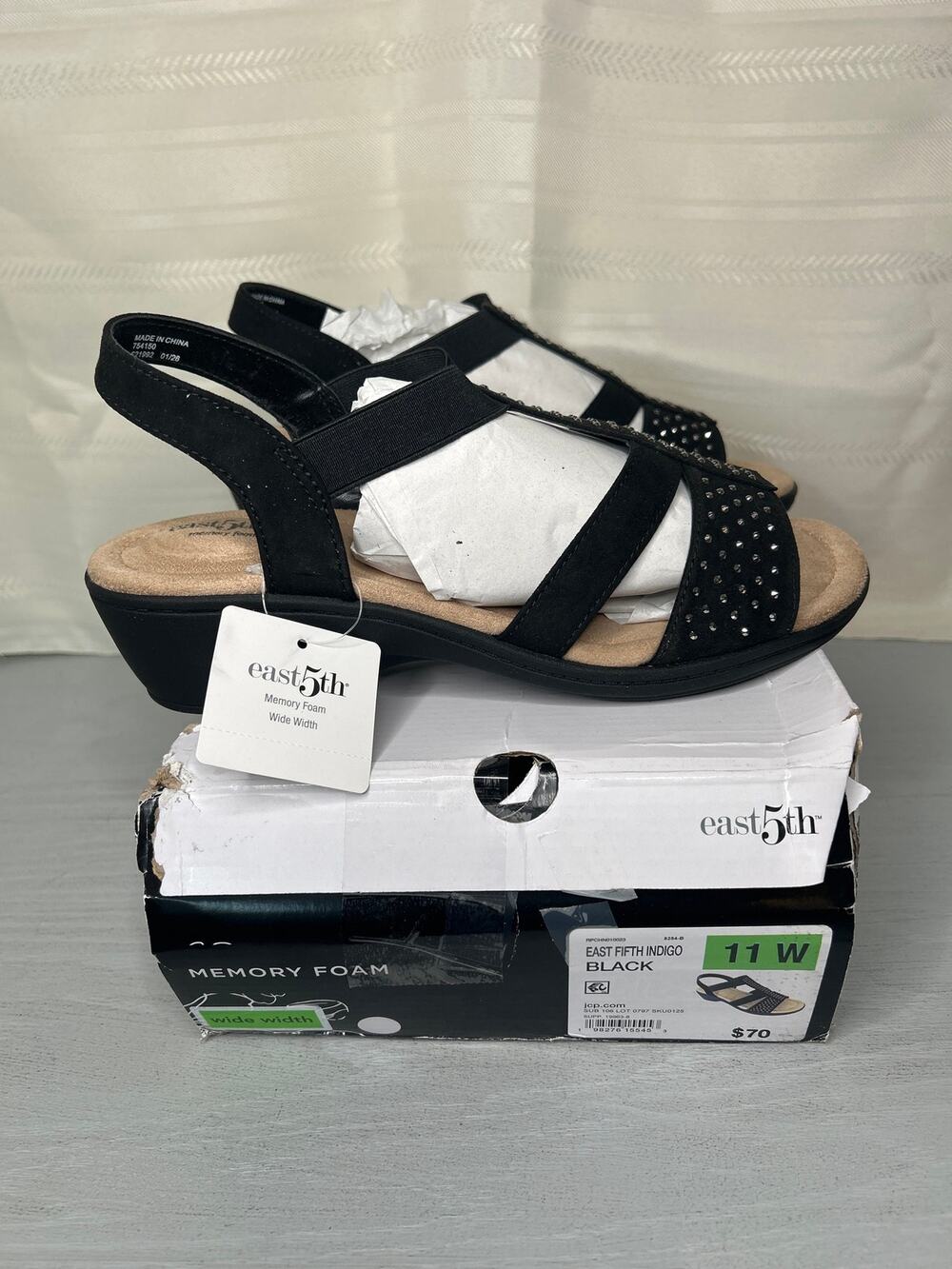 East 5th Indigo Women's Strappy Low Wedge Sandal Black Size 11 W Wide